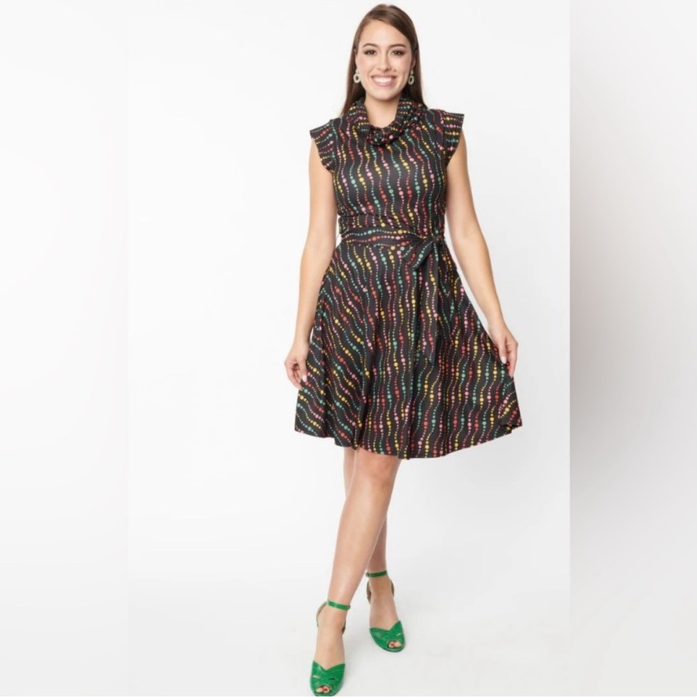 Unique Vintage cowl neck rainbow dot dress